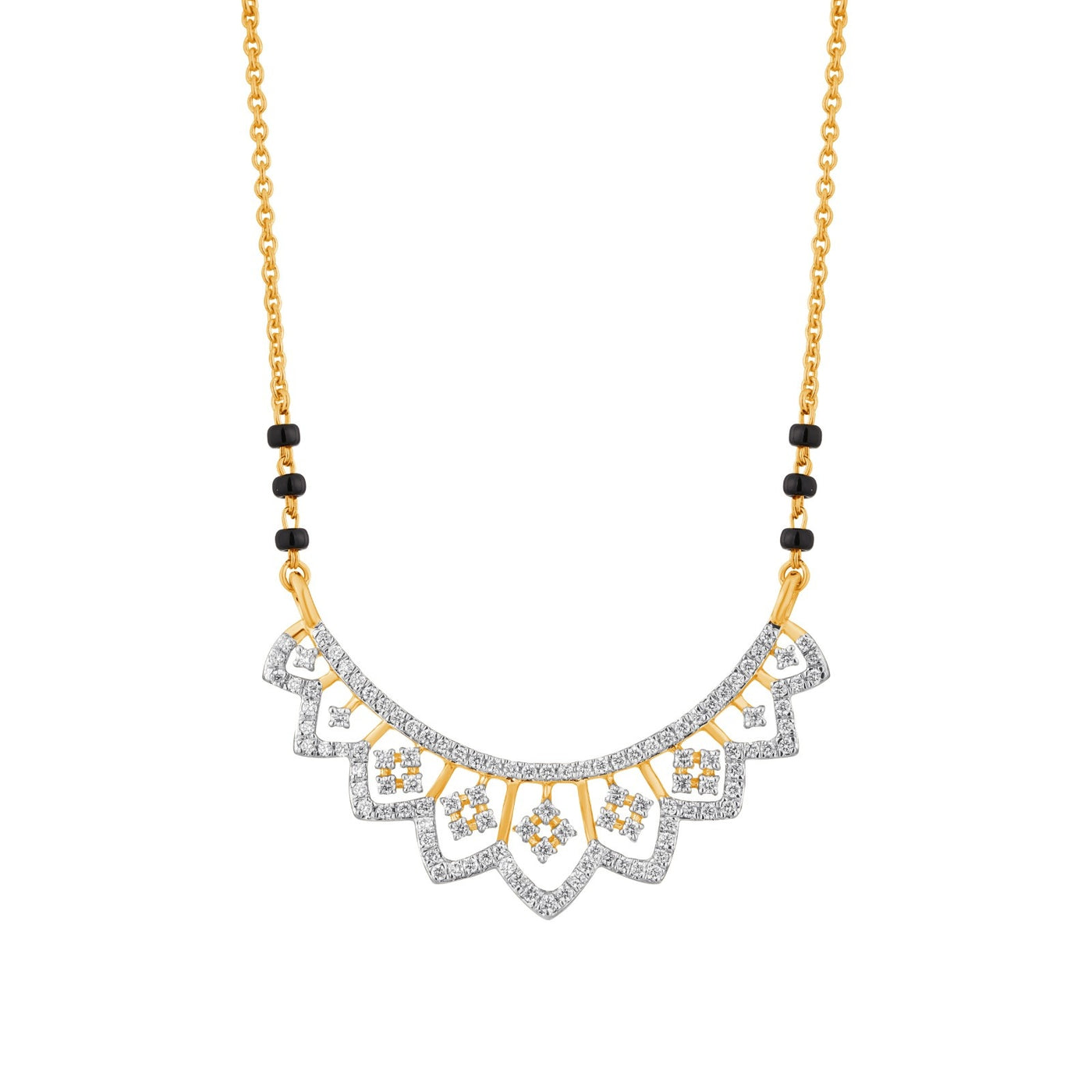 Yellow gold and diamond mangalsutra with black beads on a white background