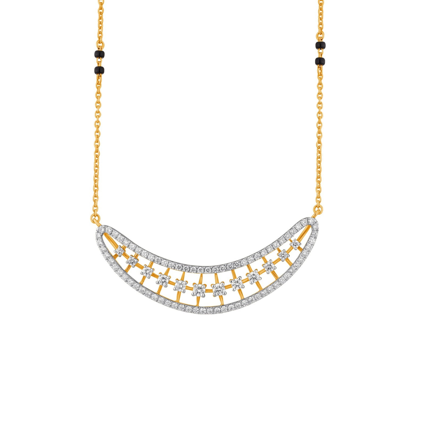 Yellow gold and diamond mangalsutra with a crescent moon design on a white background