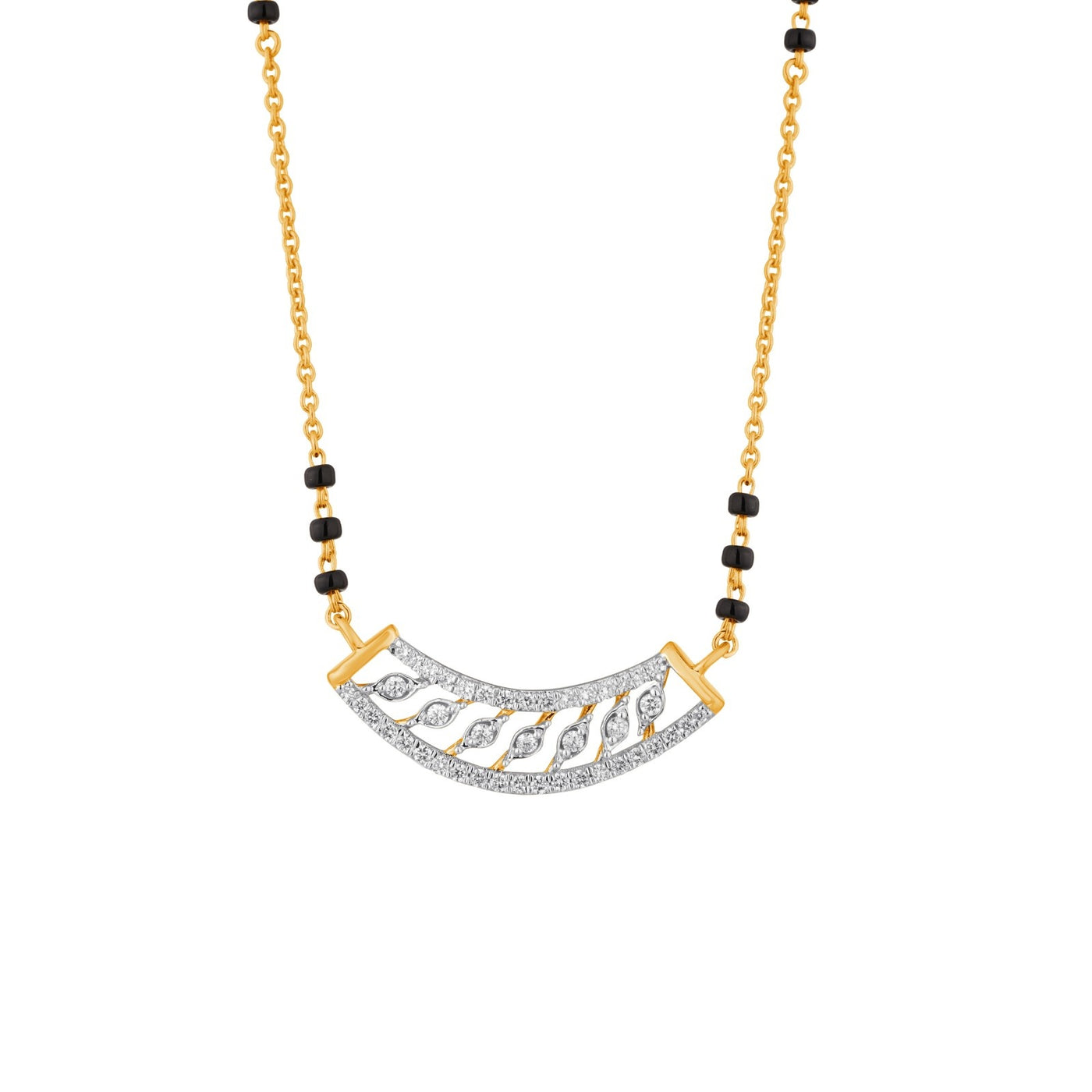 Yellow gold and diamond mangalsutra with black beads on a white background