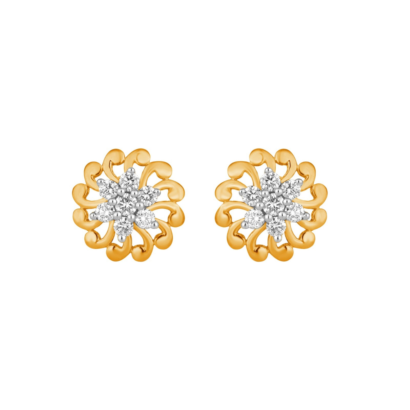 Yellow gold floral earrings with diamond center on a white background

