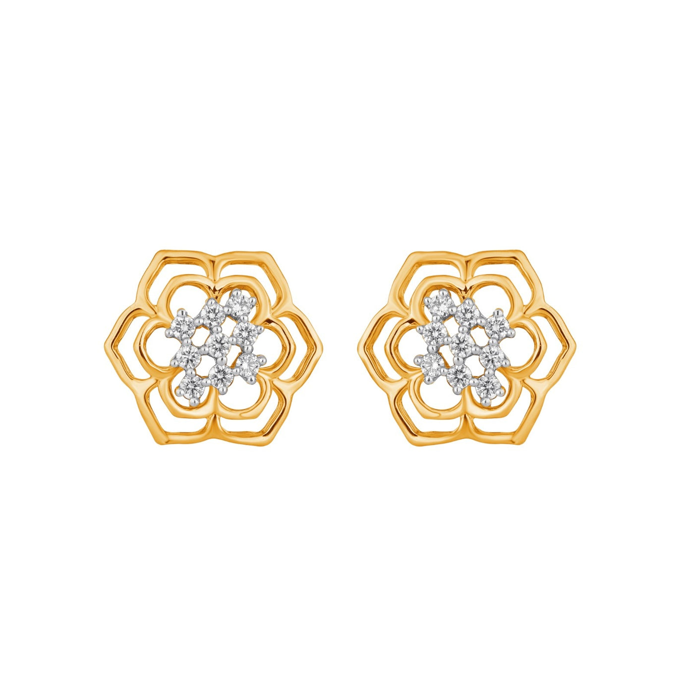 Yellow gold floral earrings with diamond accents on a white background