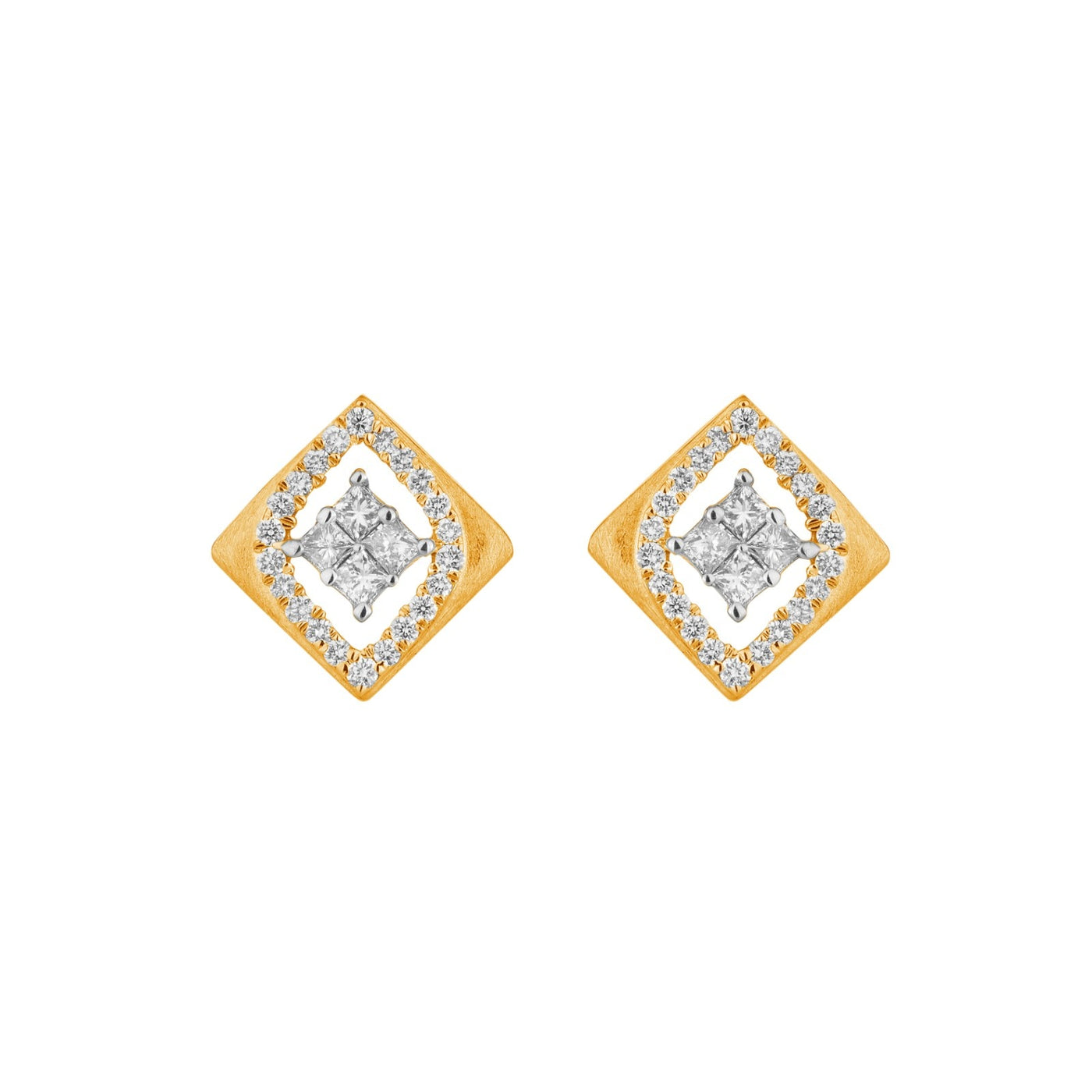 Yellow gold and diamond square-shaped earrings on a white background