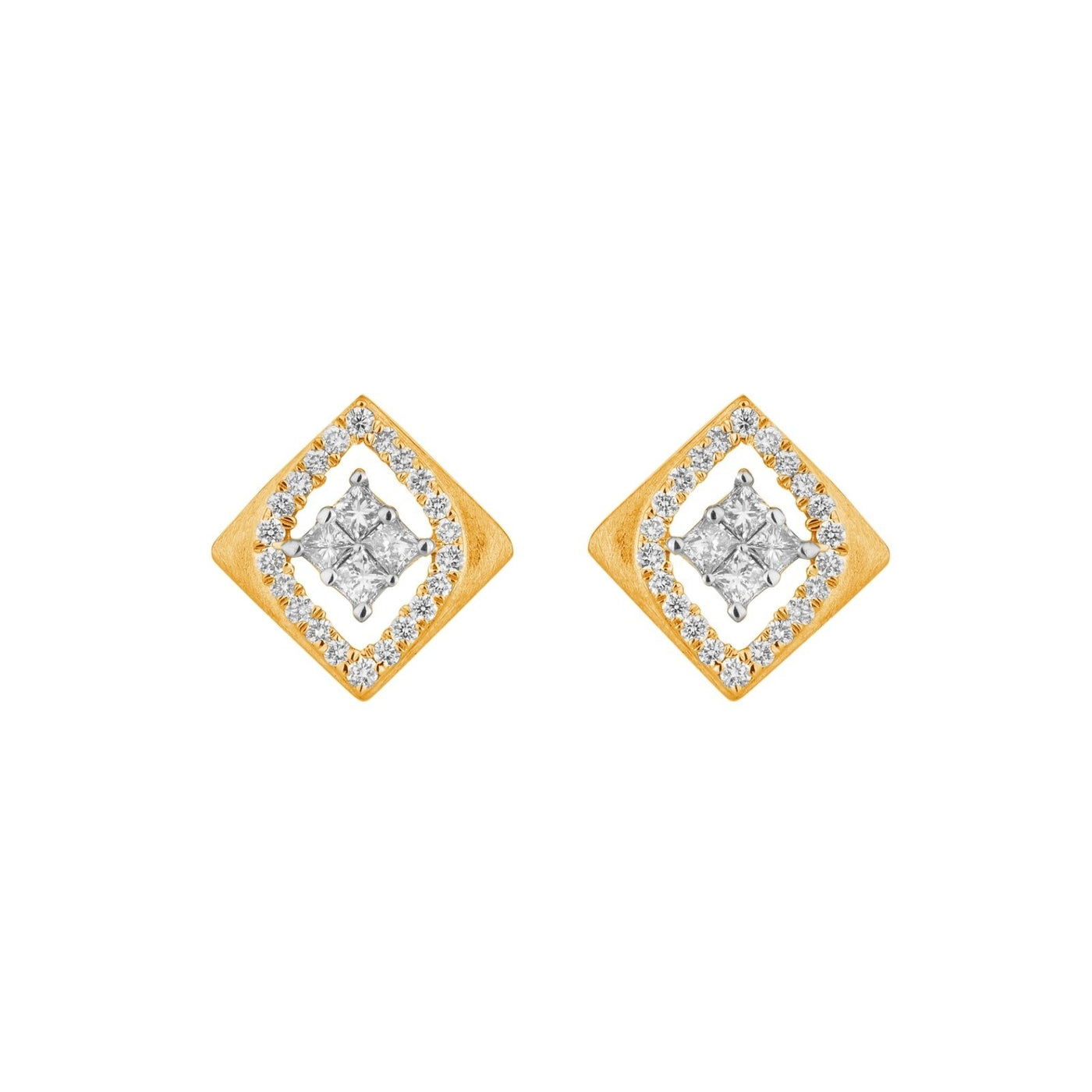 Yellow gold and diamond square-shaped earrings on a white background.