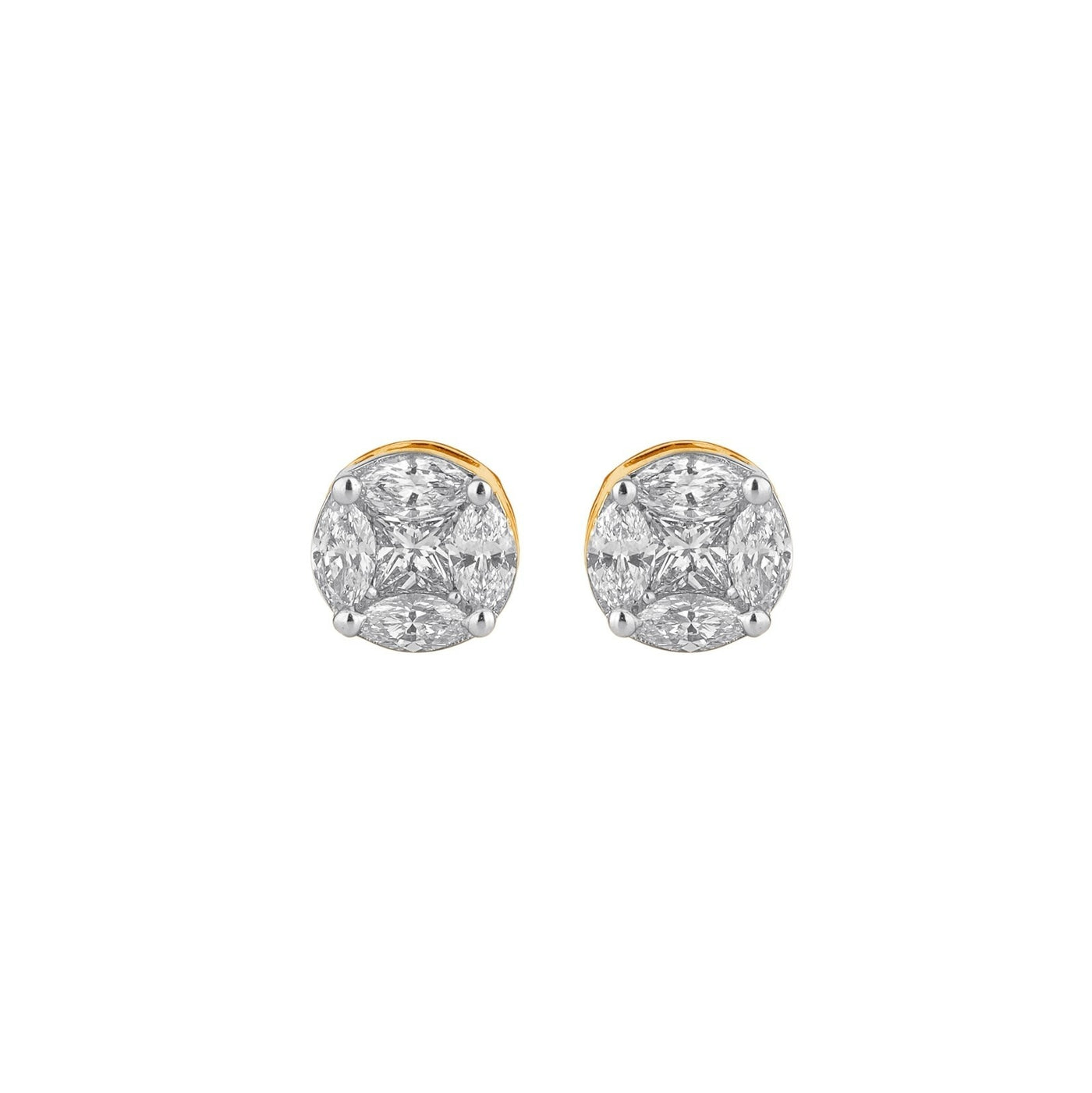 Pair of yellow gold and diamond stud earrings on a white background.