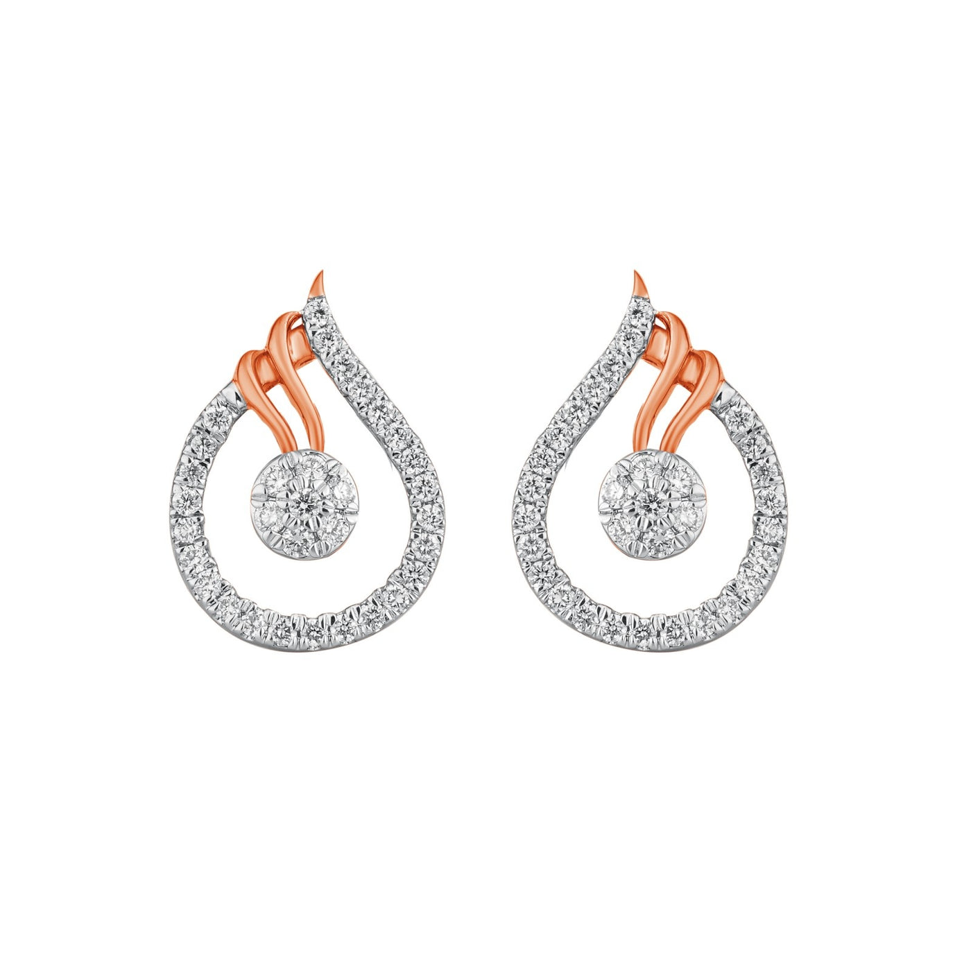 A pair of rose gold teardrop-shaped earrings featuring a silver-toned outer halo paved with small clear stones