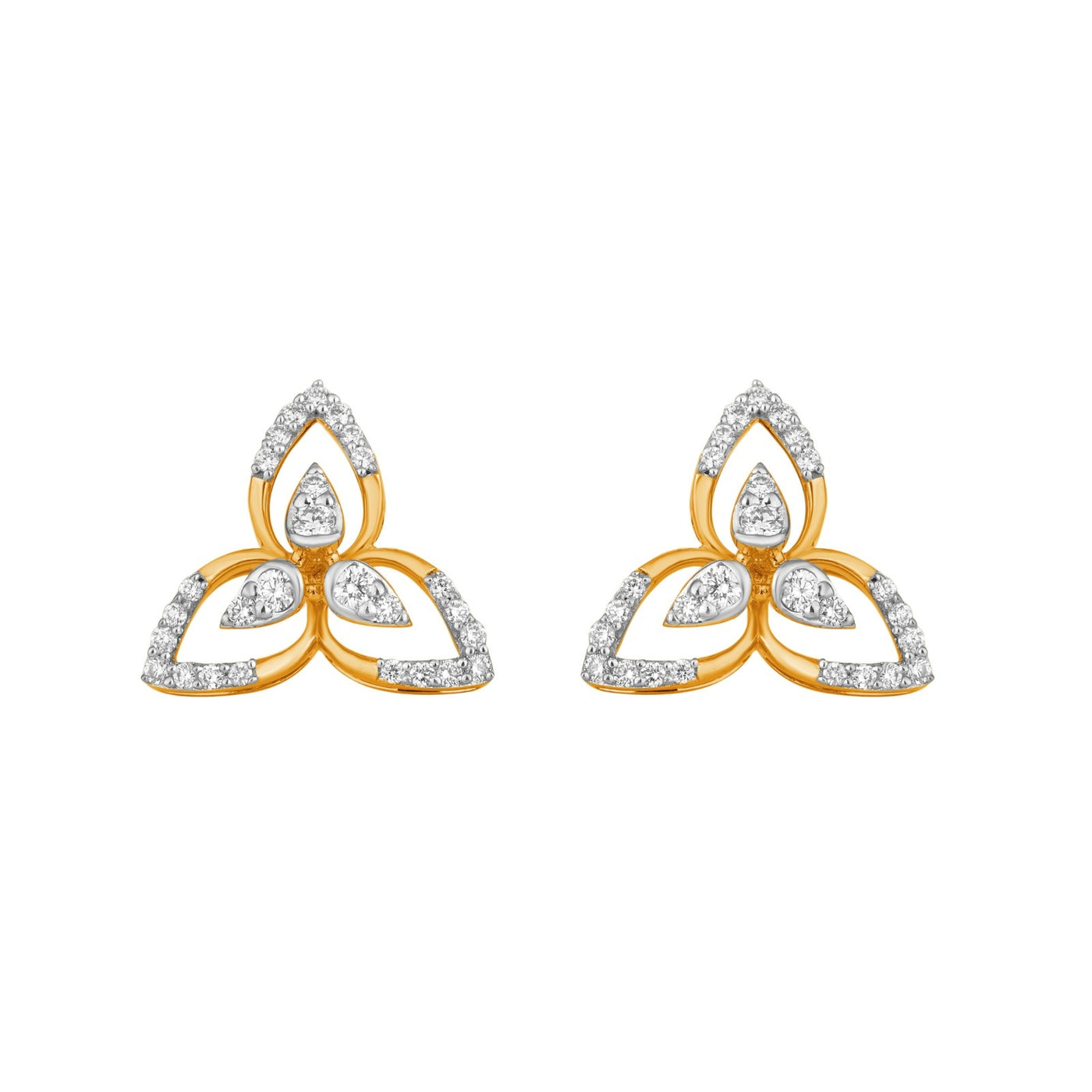 Pair of yellow gold and diamond earrings on a white background

