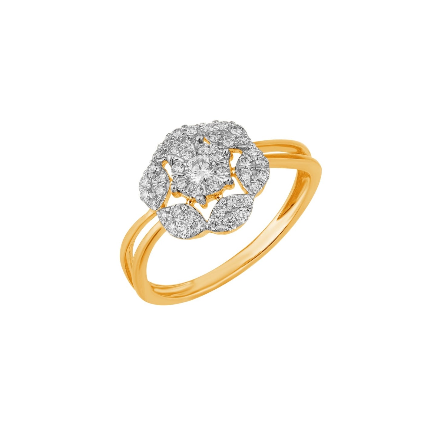 Yellow gold ring with diamond cluster on a white background