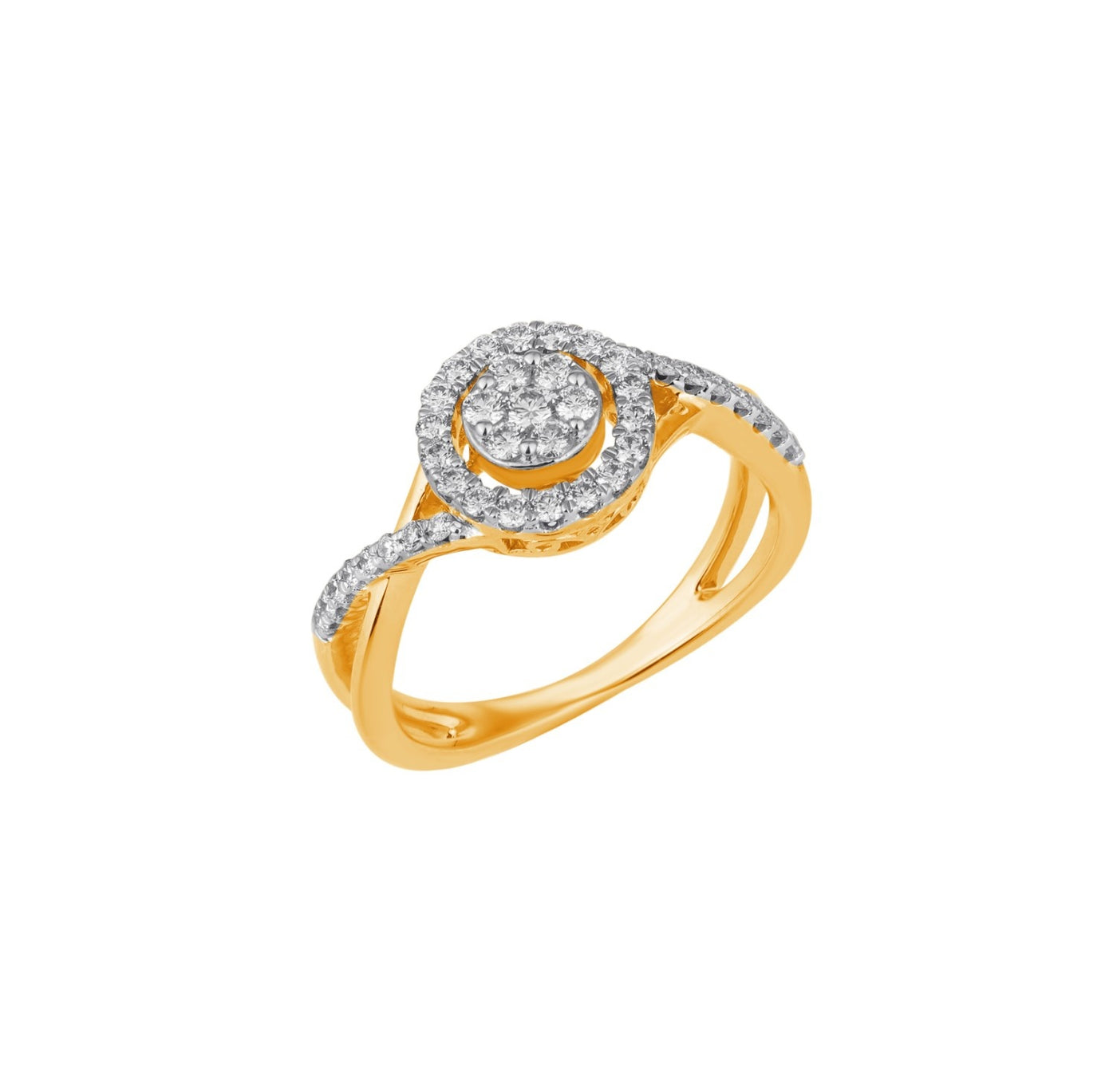Yellow gold ring with diamond accents on a white background