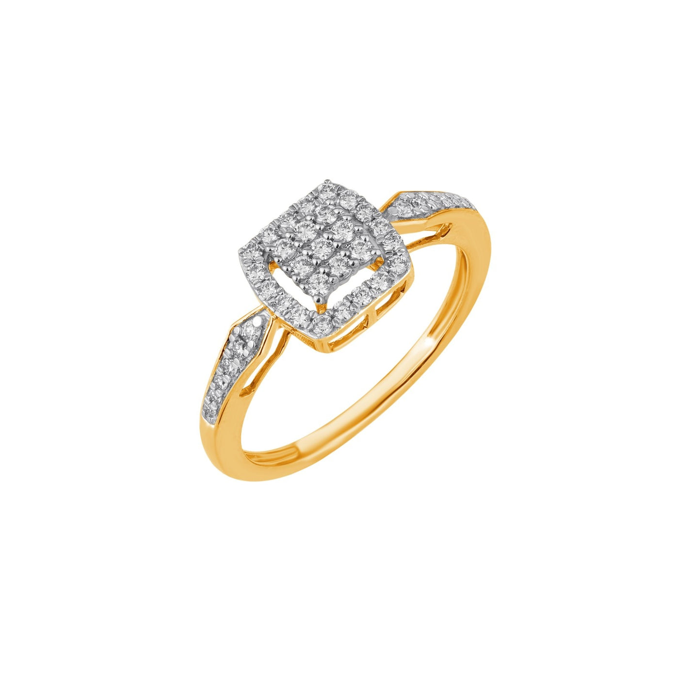 Yellow gold ring with diamond accents on a white background