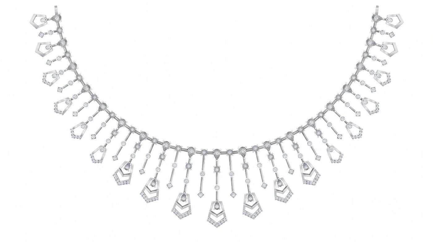 A white gold and diamond necklace with diamond accents, with dangling geometric elements on a plain white background.