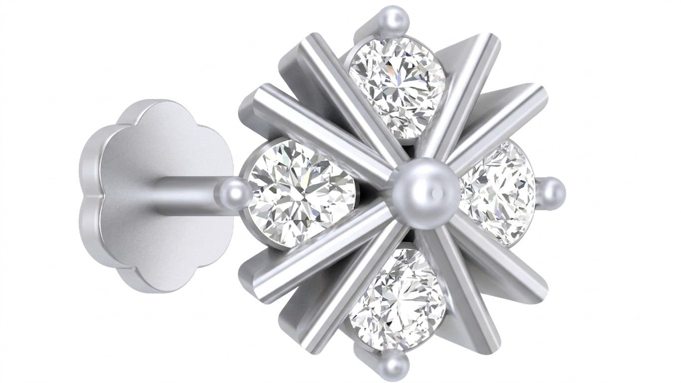 White gold and diamond stud nose pin on a dark blue background
