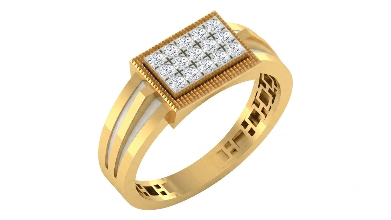 A yellow gold ring featuring a rectangular pavé diamond top with a central diamond, set against a plain white background.