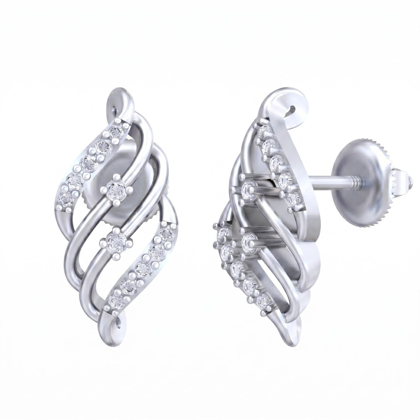 White gold and diamond twisted stud earrings on a white background