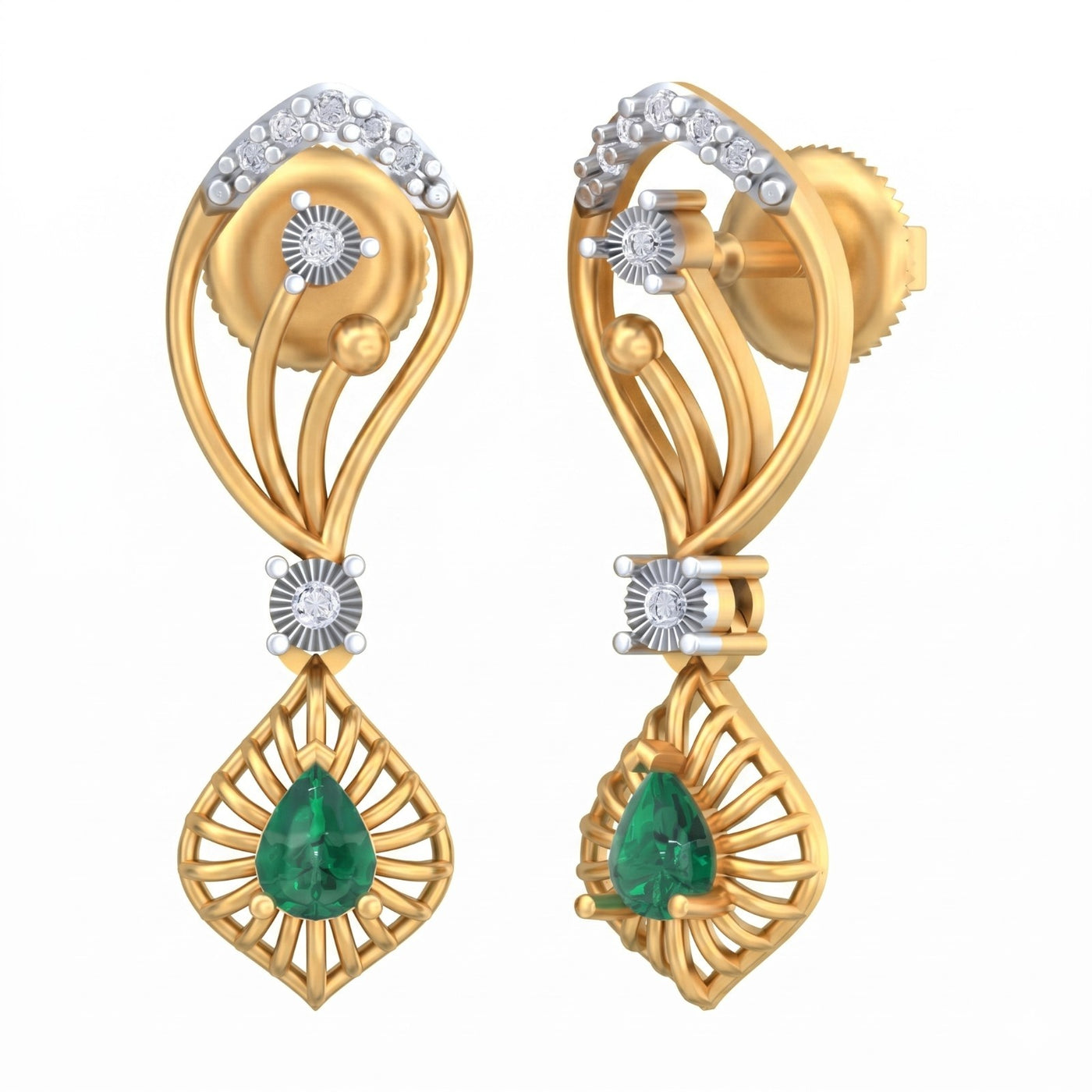 Yellow gold and diamond earrings with gemstones drop earring on a white background.