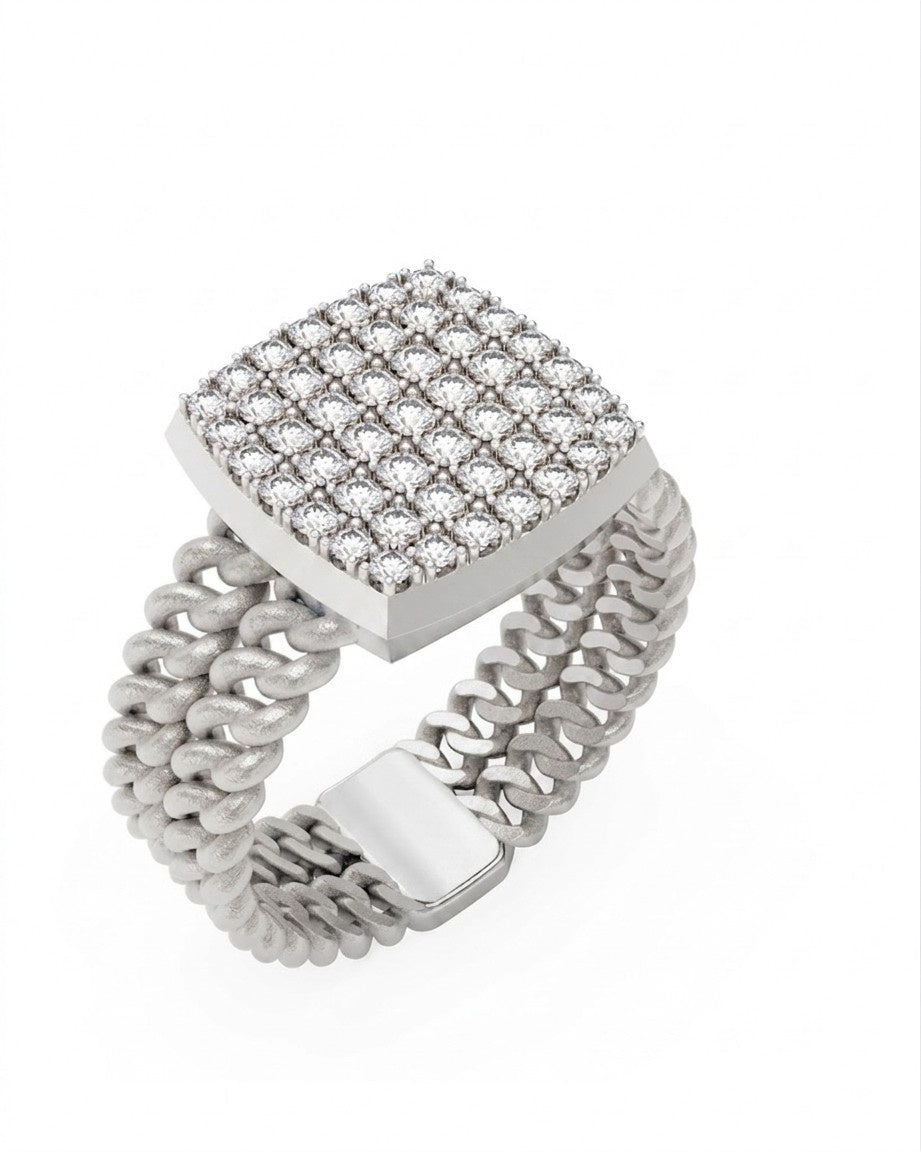 A white gold ring with a square pavé diamond face, shown on a clean white background.