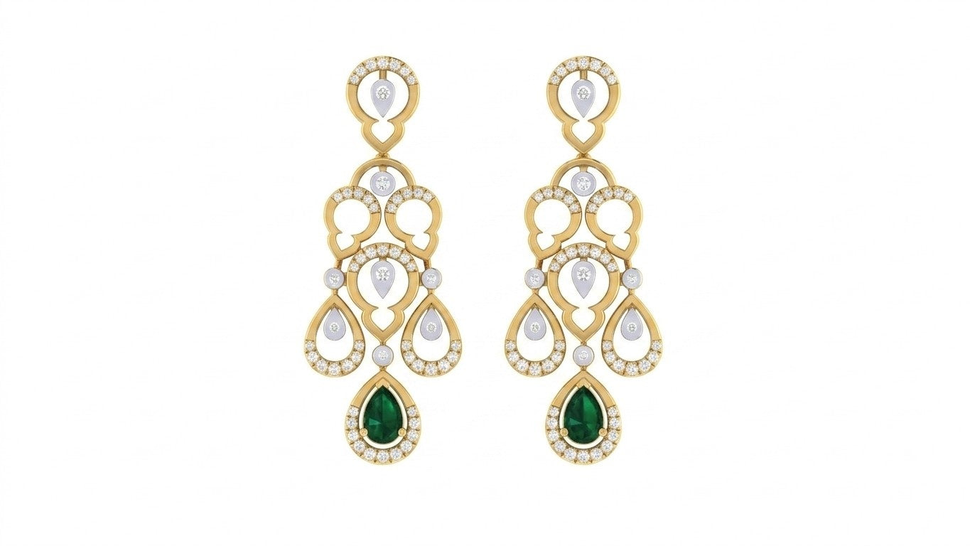 Yellow gold chandelier earrings with emerald and diamond accents on a white background