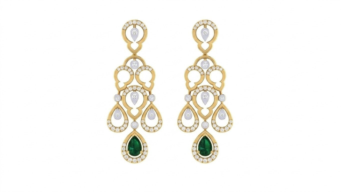 Yellow gold and diamond teardrop-shaped earrings with clear gemstones on a white background.