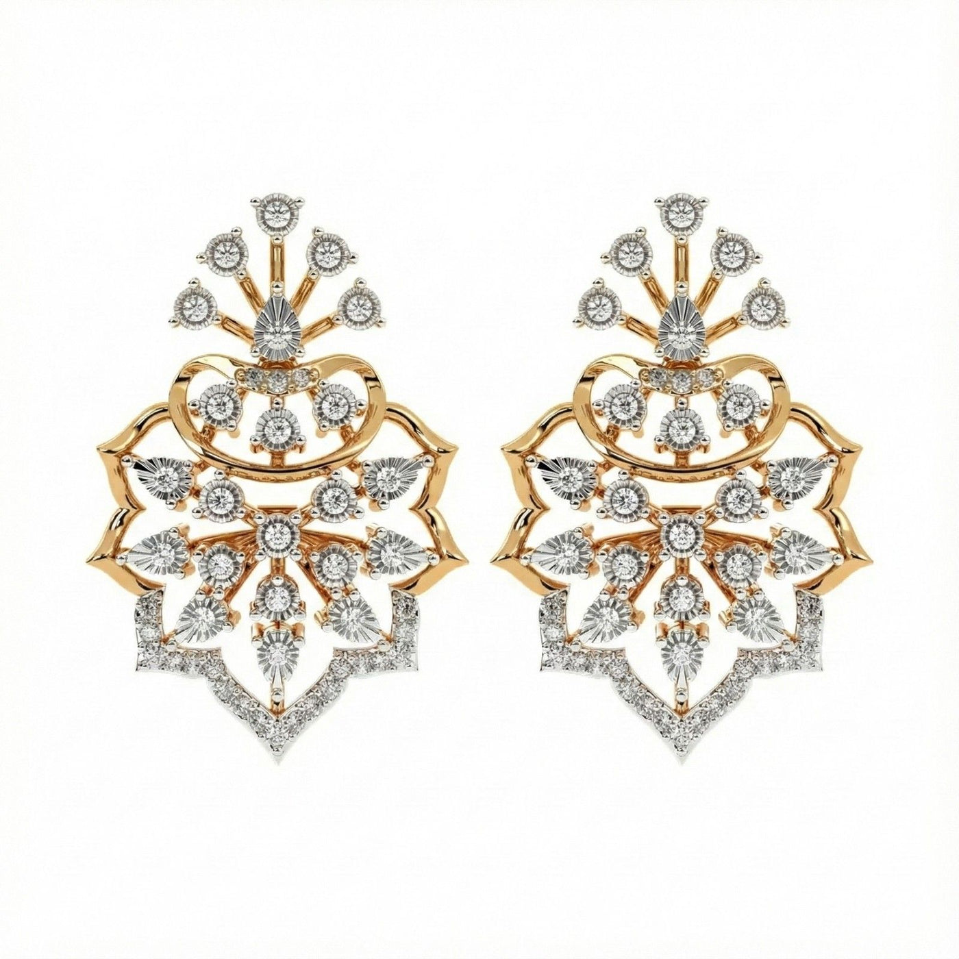 A pair of 14K yellow gold earrings with intricate designs and attached diamond accents.
