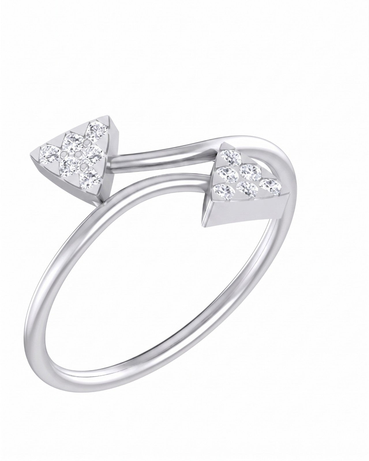White gold ring with triangle-shaped diamond accents on a white background