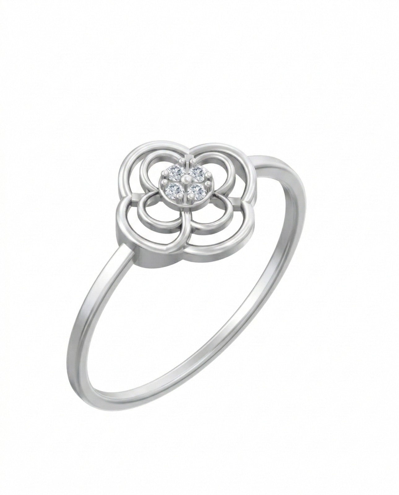 White gold ring with a floral design and embedded diamonds on a white background

