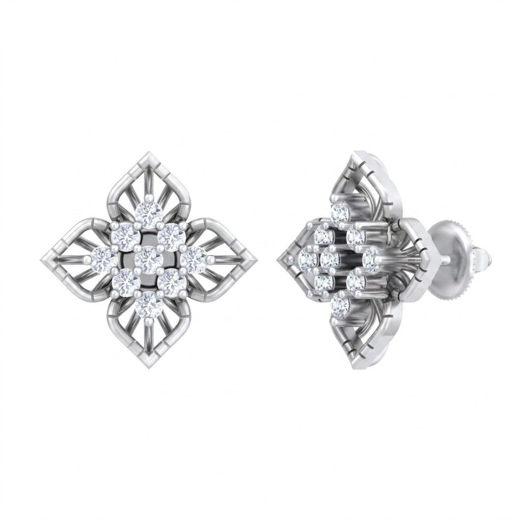 A pair of white gold earrings with sparkling diamonds, designed in a floral pattern.