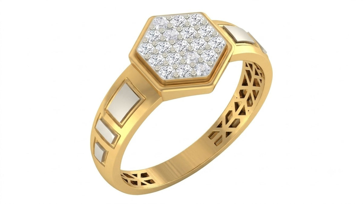 A yellow gold ring with a hexagonal pavé diamond setting, shown on a plain white background.
