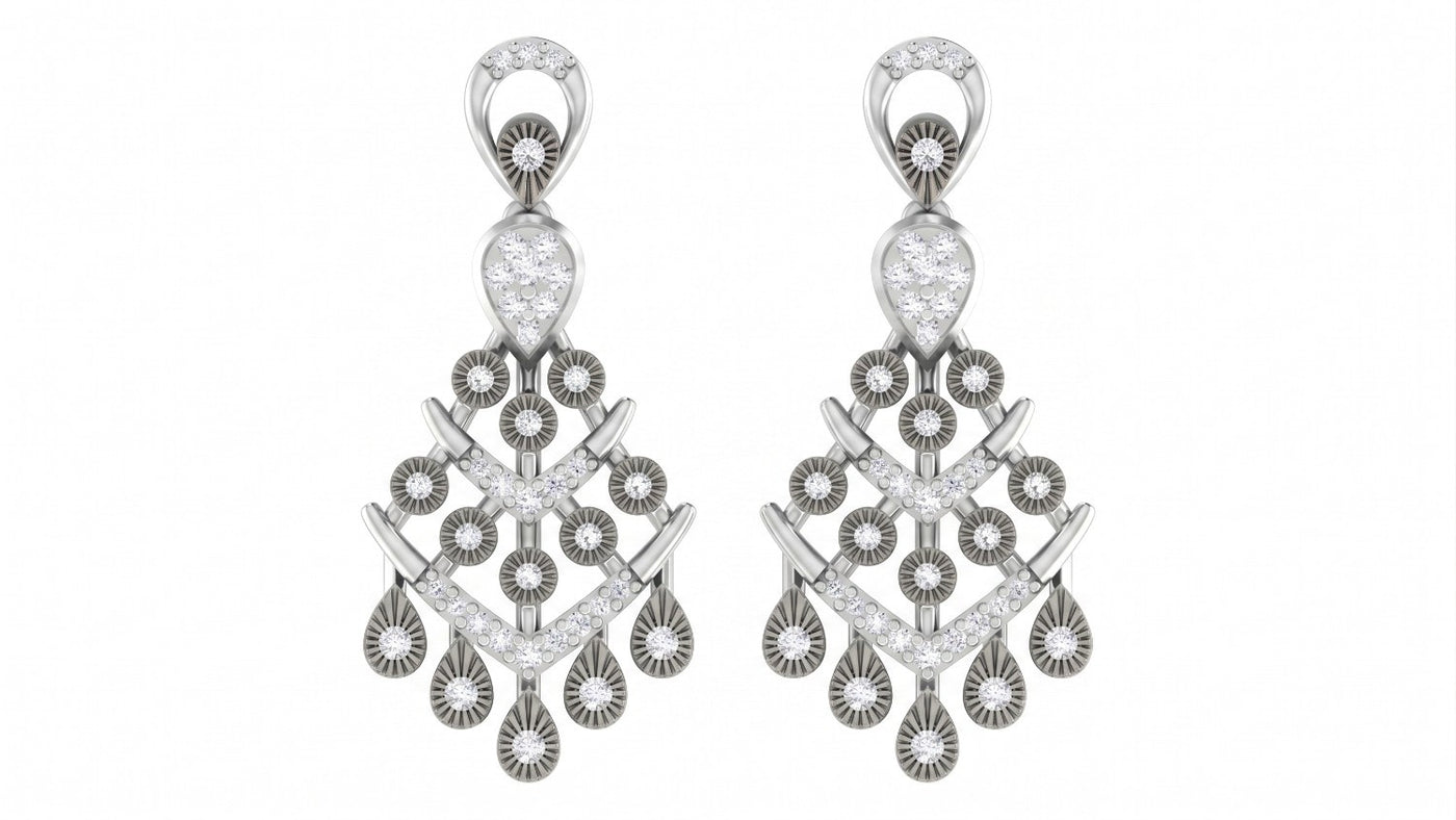 Pair of white gold and diamond chandelier earrings with clear gemstones on a white background

