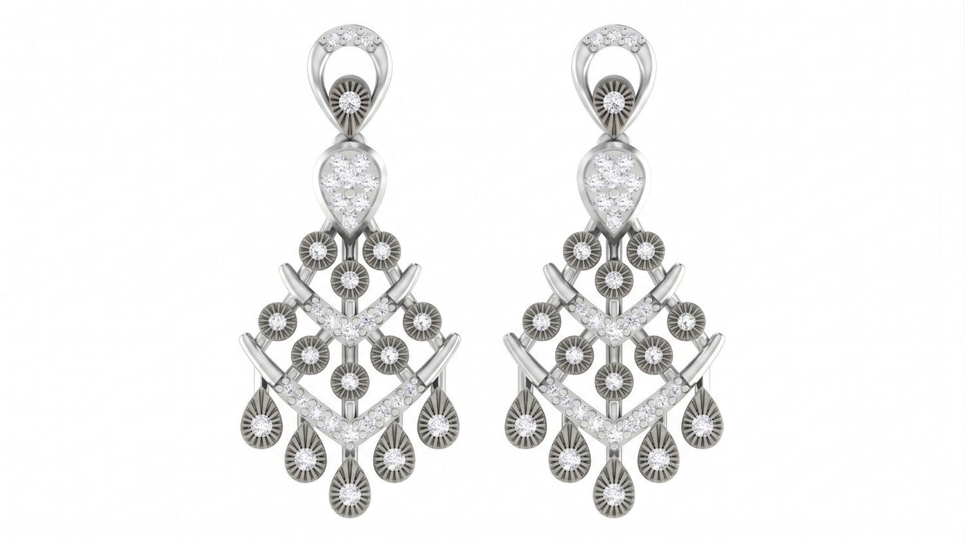 Pair of white gold and diamond chandelier earrings on a white background