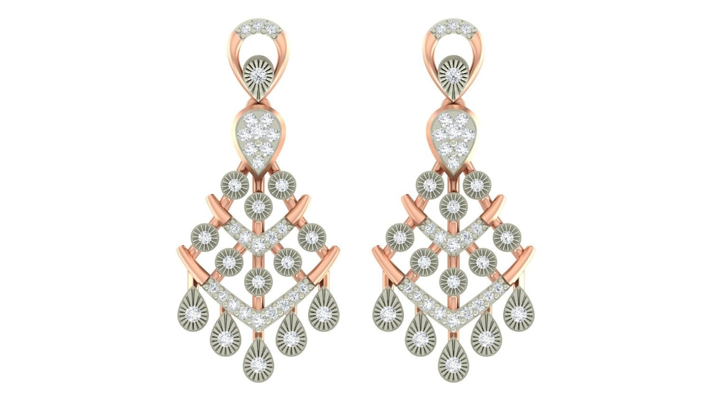 Pair of rose gold and diamond chandelier earrings on a white background