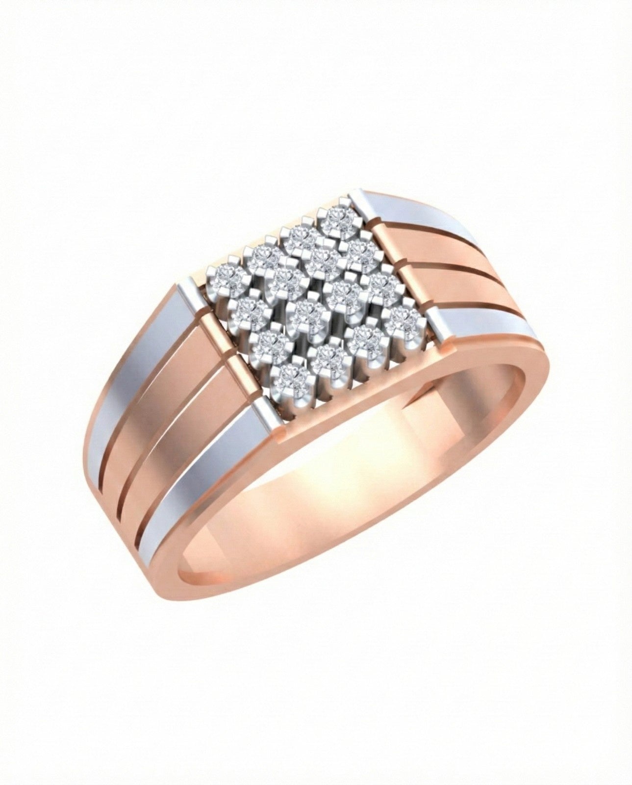 A rose gold men's ring featuring a central cluster of round-cut diamonds set in a square shape, shown on a plain white background.