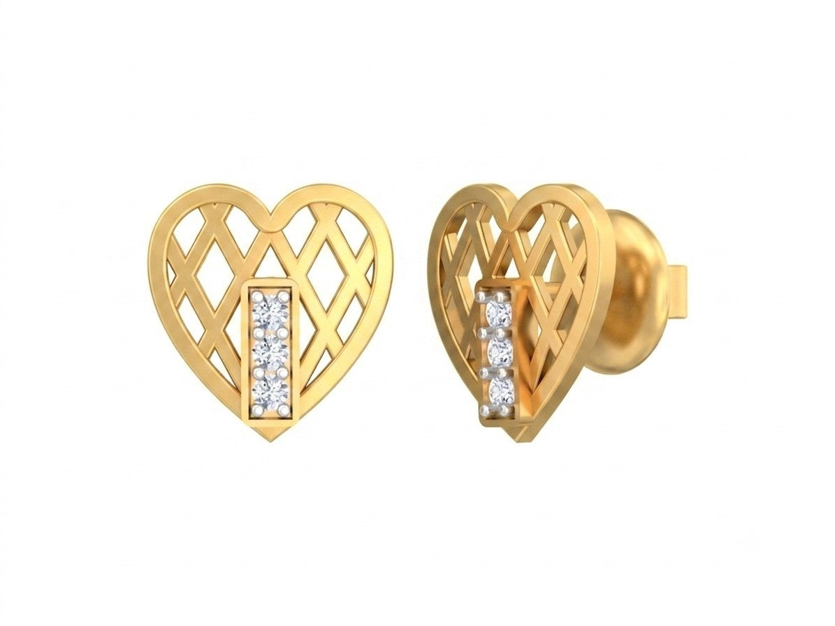 A pair of yellow gold and diamond heart-shaped stud earrings with an open lattice design, shown on a plain white background.