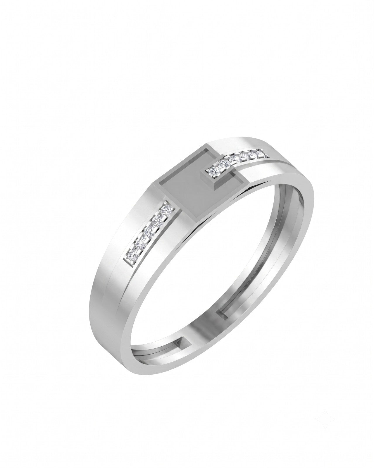 A white gold and diamond men ring with a geometric design, shown on a plain white background.