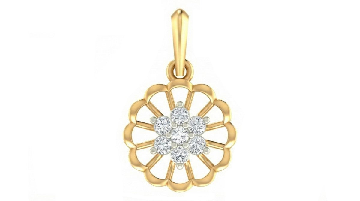Yellow gold pendant with a diamond on a white background