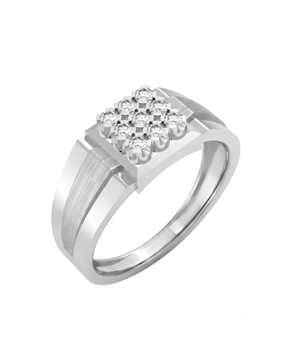 A white gold and diamond ring featuring a square cluster, on a white background.