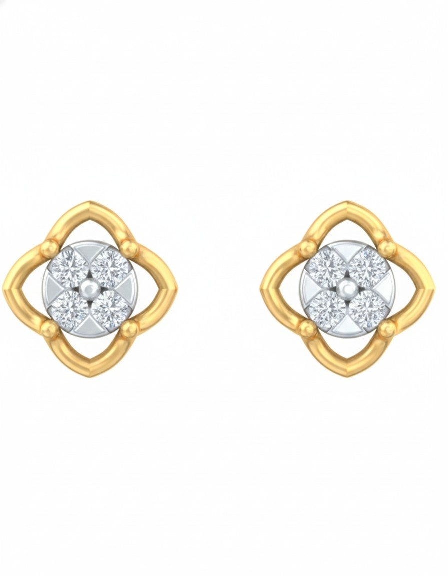 Yellow gold and diamond floral stud earrings on a white background