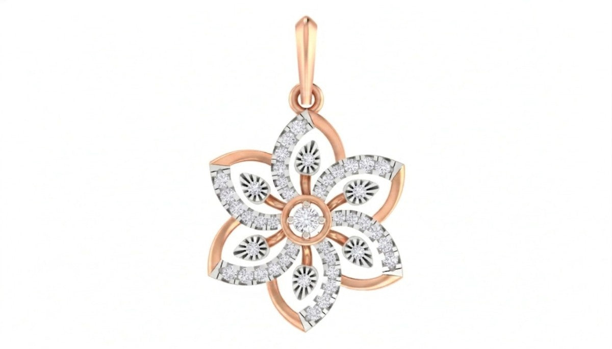 Rose gold and diamond floral pendant on white background