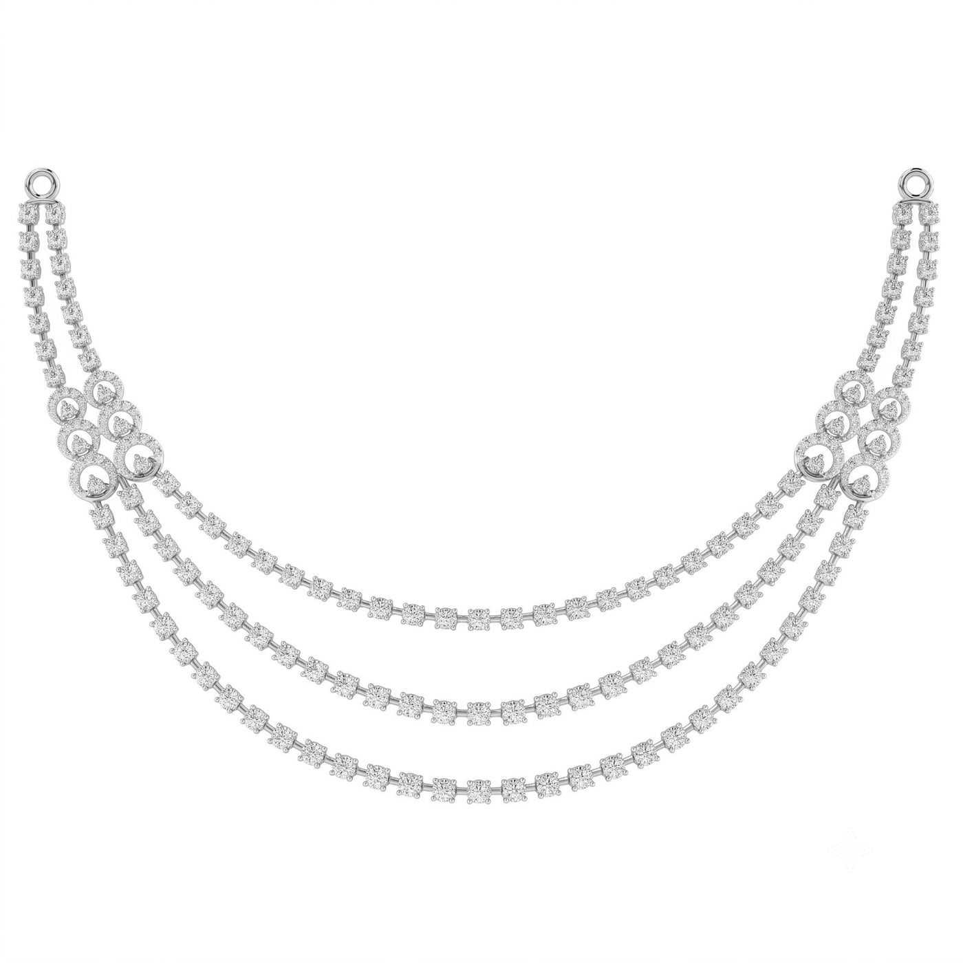 A white gold and diamond layered necklace, displayed on a solid white background.