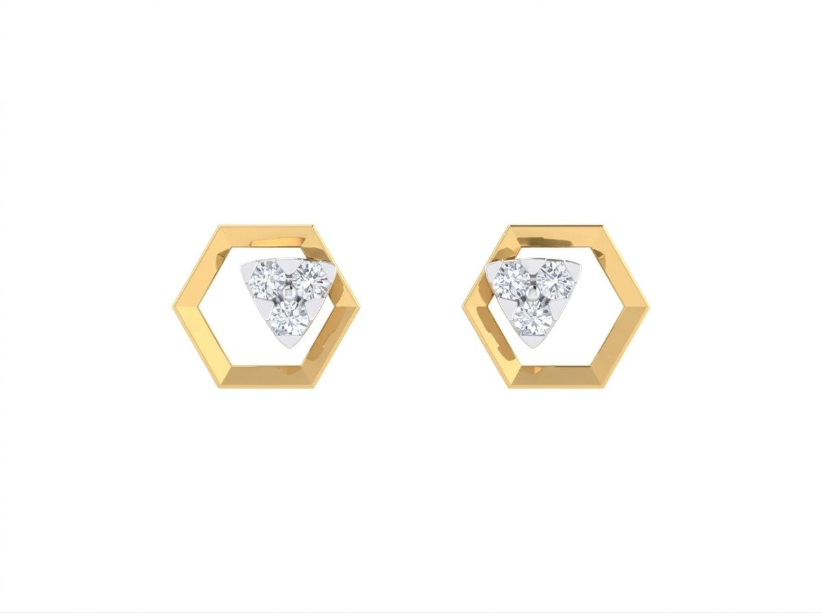 Yellow gold and diamond stud earring on a white background.