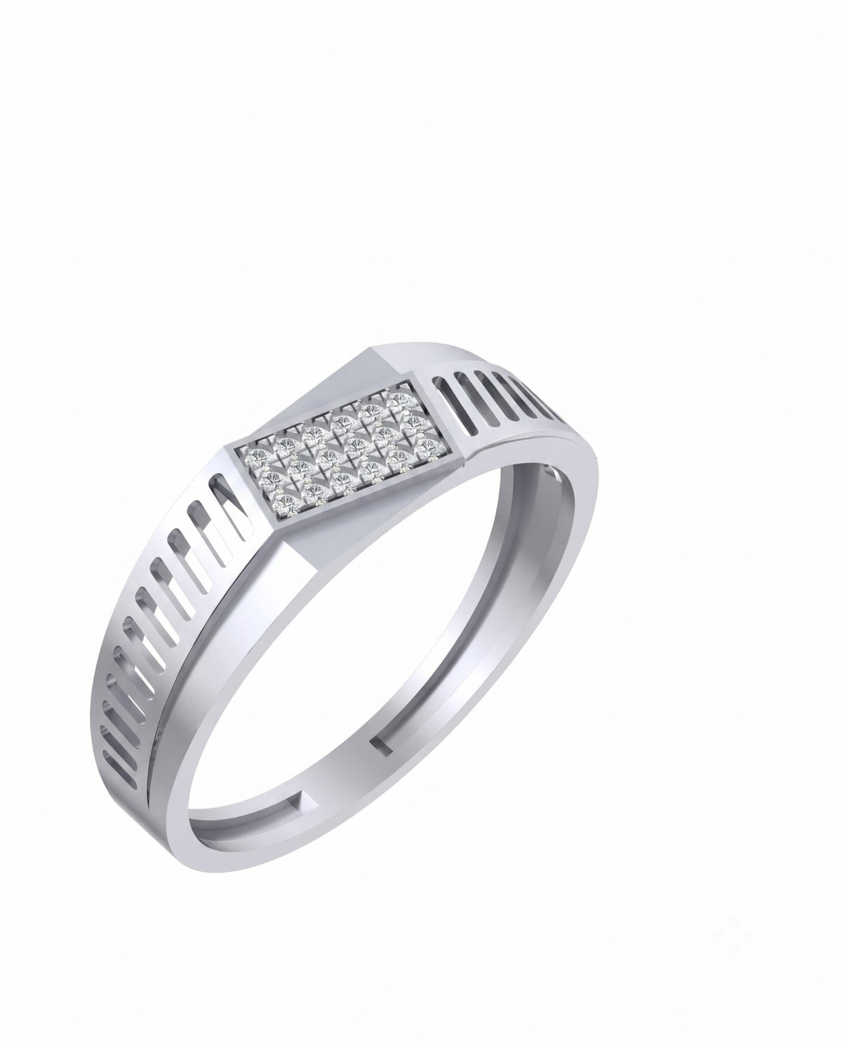 A yellow gold men's ring featuring a rectangular pavé diamond center on a white background.