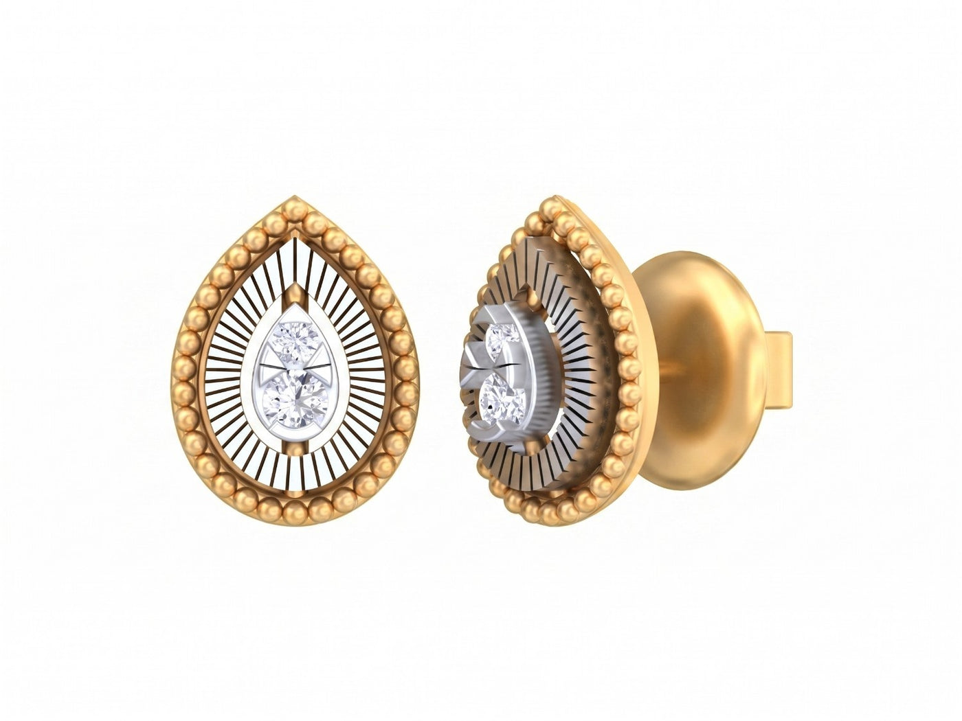 Yellow gold and diamond teardrop-shaped stud earring on a white background.