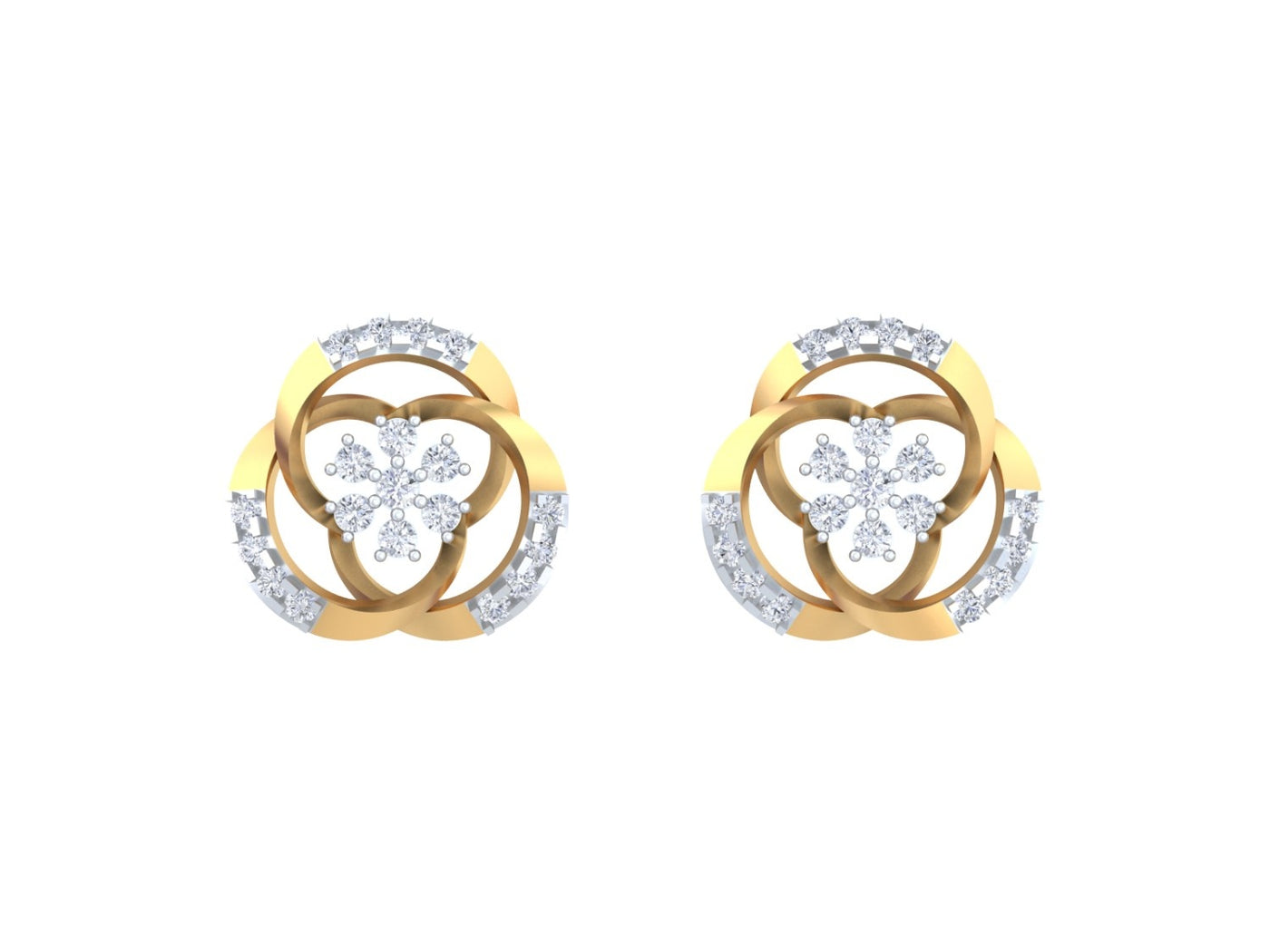 Yellow gold and diamond stud earring with floral-design on a white background.