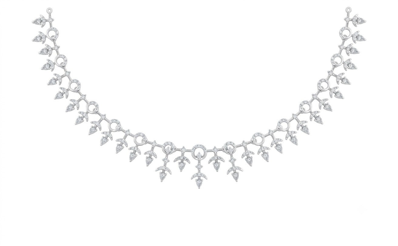 A white gold and diamond necklace with a repeating leaf motif, displayed on a solid white background.