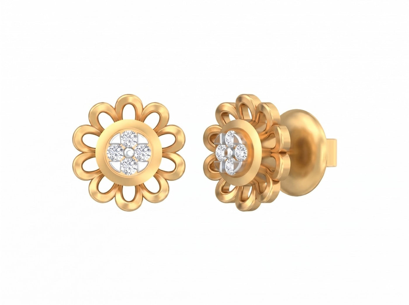 Yellow gold and diamond floral stud earring on a white background.