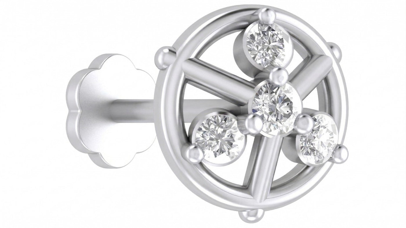 white gold and diamond stud nose pin with clear gemstones on a white background
