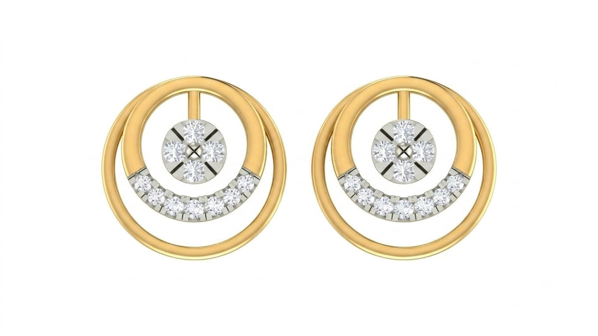 Yellow gold and diamond stud earrings with circular design on a white background