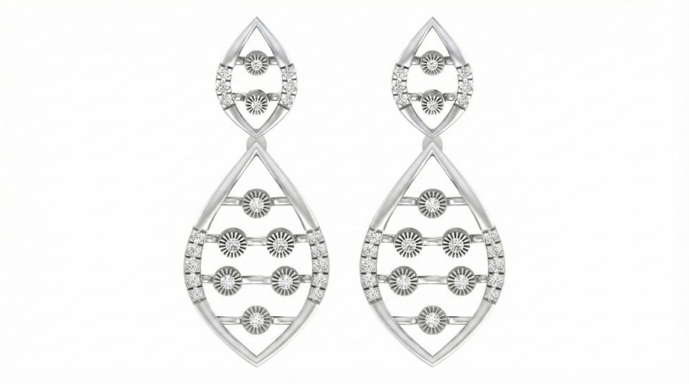 Pair of white gold and diamond earrings with intricate designs on a white background
