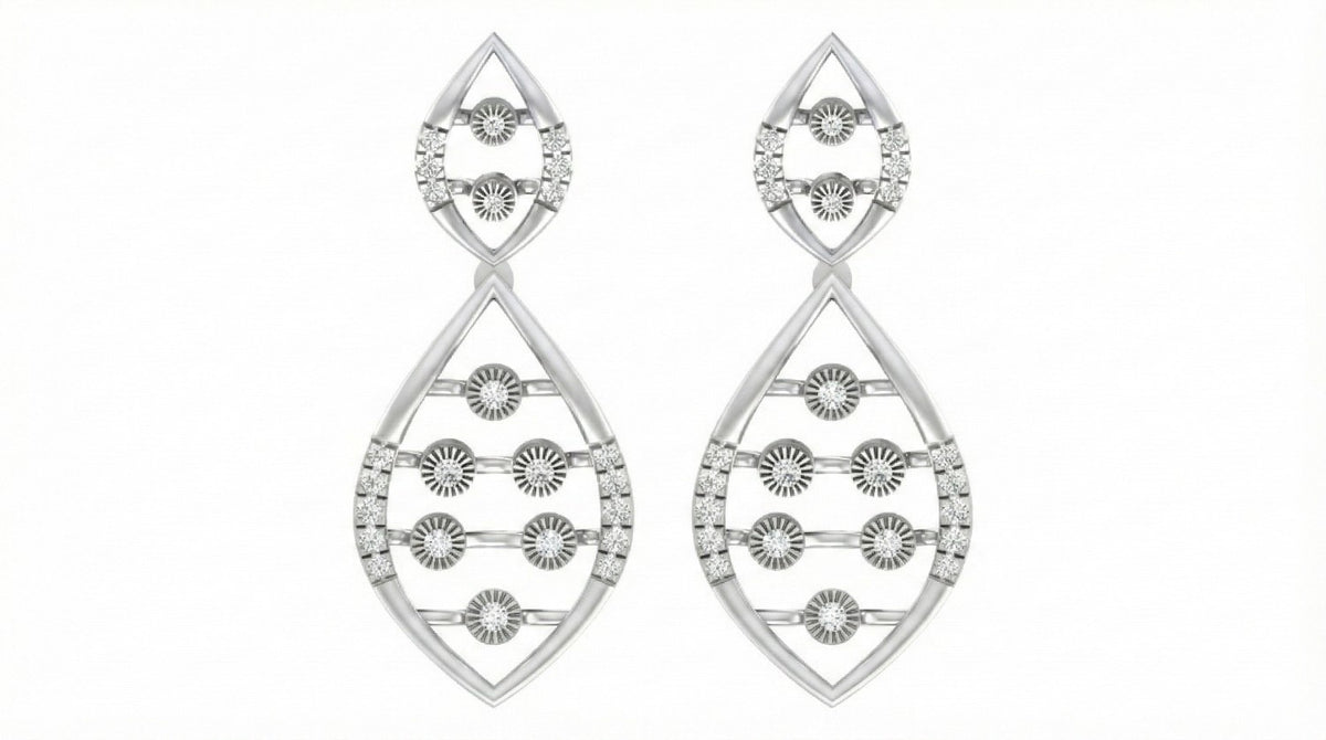 A pair of white gold and diamond daangler earrings with a teardrop-shaped design,  shown on a plain white background.