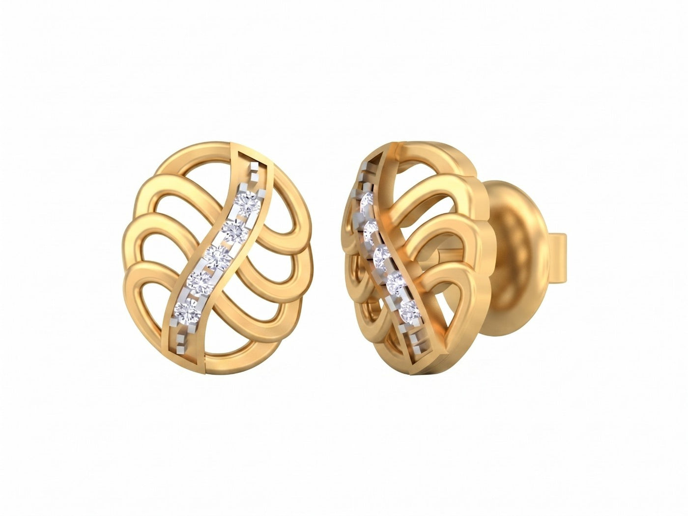 Yellow gold and diamond stud earrings on a white background.