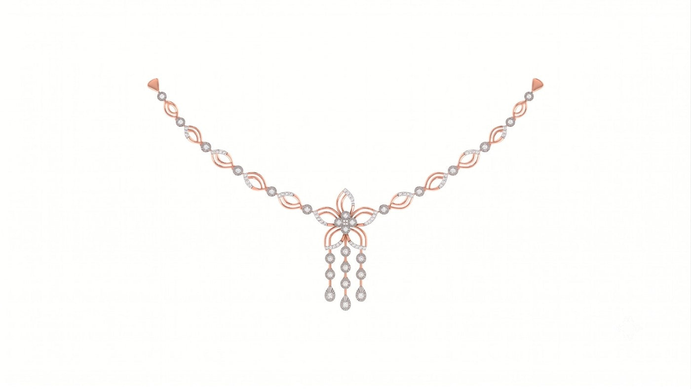A rose gold and diamond necklace with a central floral motif and dangling teardrop charms, displayed on a solid white background.
