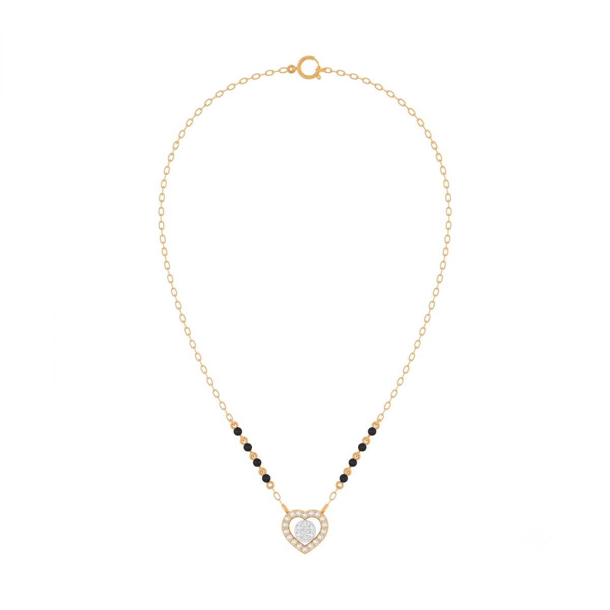A luxurious gold and diamond  mangalsutra with a prominent central diamond surrounded by smaller diamonds and a gold chain.